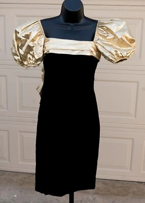 Vestido Lápiz De Colección Años 80 Roberta Dorado Cojo Negro Terciopelo Mangas Hinchadas Lazo Grande Talla 5/6 Foto 1 de 4