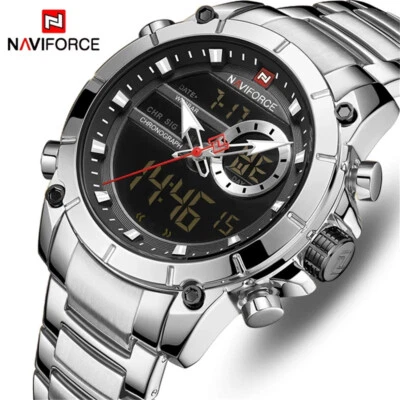 NAVIFORCE Digital Watch Men Silver Steel Male Wristwatch Quartz Date LED Watches - Image 1 of 4
