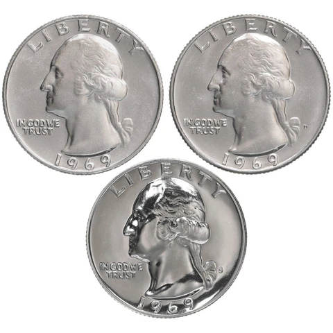 1969 P D S Washington Quarter Year Set Proof & BU US 3 Coin Lot Cover