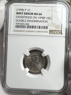 1998 P 1C MINT ERROR OVERSTRUCK ON 1998P 10C DOUBLE DENOMINATION NGC MS66 - Image 1 of 4