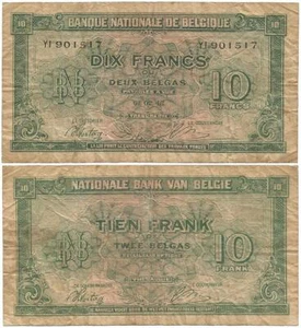 1943 WORLD WAR II Belgium KINGDOM IN EXILE (London) "10 Francs or 2 Belgas" NOTE - Picture 1 of 3