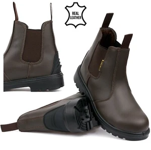 NEU HERREN BRAUN LEDER CHELSEA ARBEITSSTIEFEL SICHERHEITSSTAHL ZEHENKAPPE HÄNDLER SCHUHE GRÖSSE - Bild 1 von 3