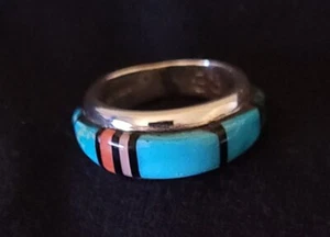 NAVAJO STERLING SILVER RING SIZE 6 1/4 RAISED TURQUOISE & CORAL INLAY SIGNED - Picture 1 of 9
