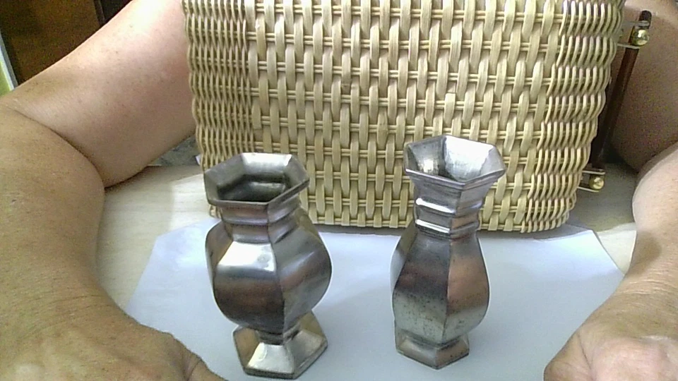 Pottery Barn Set of Two Pewter Metal Bud Vases 4.5" Tallest Patina/Scuffs/Dings - Image 1 of 4