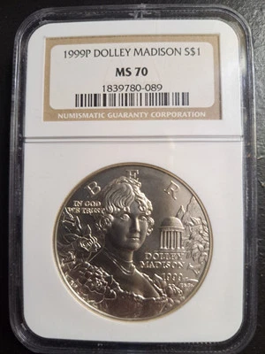 Dólar de plata conmemorativo Dolley Madison 1999 P NGC MS70 etiqueta marrón clásica  Foto 1 de 4