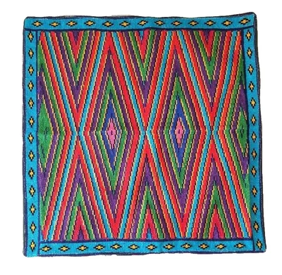 UZBEK IROQI HAND EMBROIDERD CROSS STITCH SILK  CUSHION COVER - GEOMETRIC DESIGN - Image 1 of 4