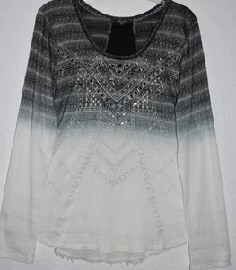 Miss Me XL Boho Top White Blue Bejeweled Frayed Embroidered Long Slv Round Neck - Picture 1 of 22