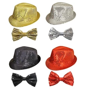 Sequin Dance Stage Show Trilby Hat & Bow Tie Fancy Dress Las Vegas Costume Set - Picture 1 of 17
