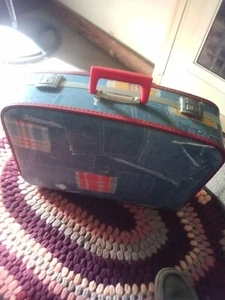 Vintage Suitcase Retro Childs Hard Denim Style Pattern Lock W/Key - Picture 1 of 6