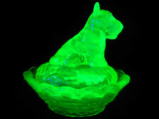 Green Vaseline Uranium glass dog on nest basket Scottish terrier salt cellar dip