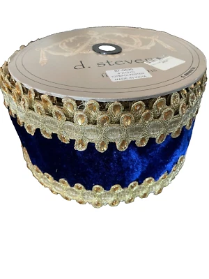 D Stevens Ribbon 4” x 10yard  blue velvet gold  Velvet wire jeweled - New- Rare - Image 1 of 4