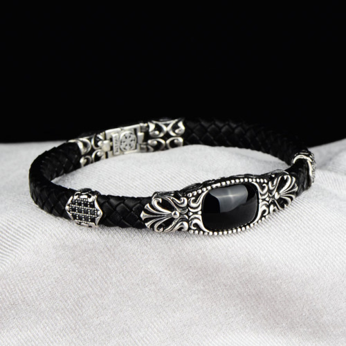 Bracelet , Black Leather Men Bracelet 925k Silver Onyx Stone Handmade Leather