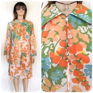 VINTAGE 1970’s ORANGE FLOWER POWER SHEER DUSTER COAT DRESS BOHO HIPPIE UK 14 - Picture 1 of 7