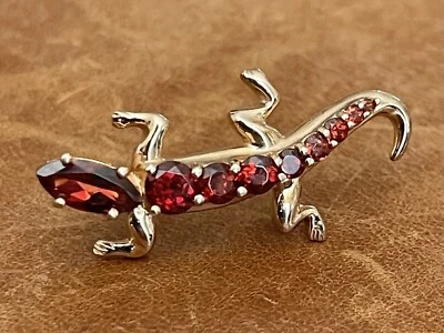 Broche prendedor vintage oro vermeil sobre piedra granate rojo esterlina lagarto salamandra Foto 1 de 4