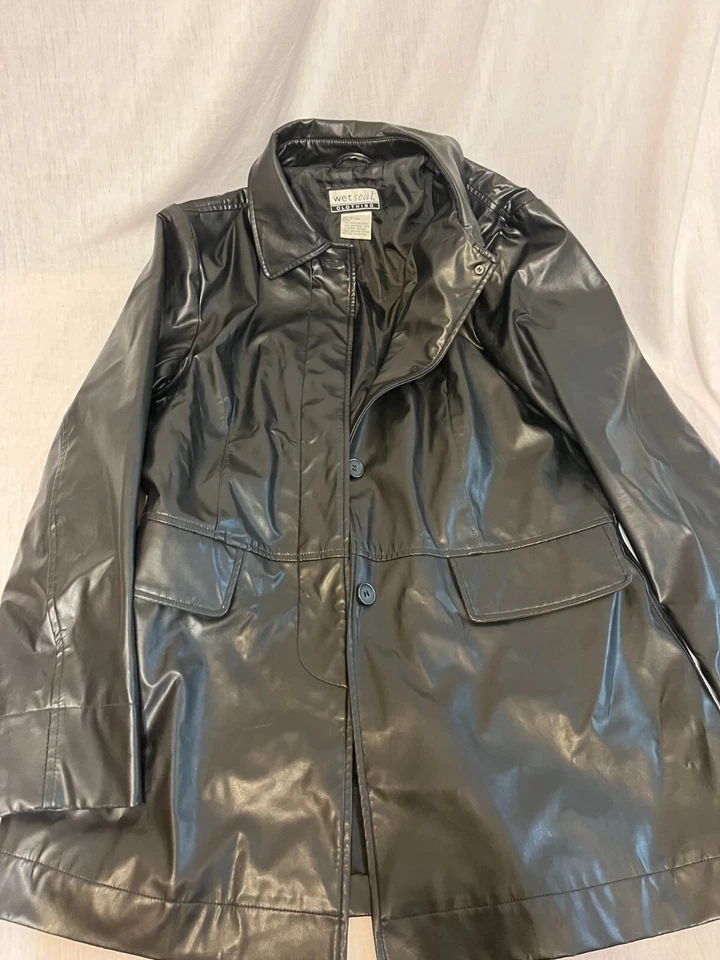 SELLO HÚMEDO ~ CHAQUETA DE CUERO NEGRA CLÁSICA SINTÉTICA ~ GRANDE Foto 1 de 3