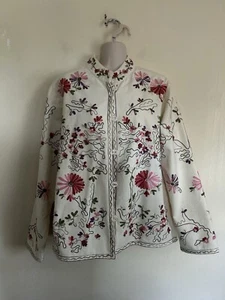 National Geographic Women's White Pink flowers Cotton Embroidered Jacket Size M - Picture 1 of 14