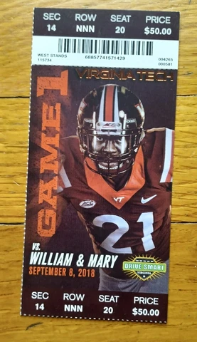 2018 William & Mary Virginia Tech Hokies Ticket Stub Hendon Hooker NCAA Debut Cover