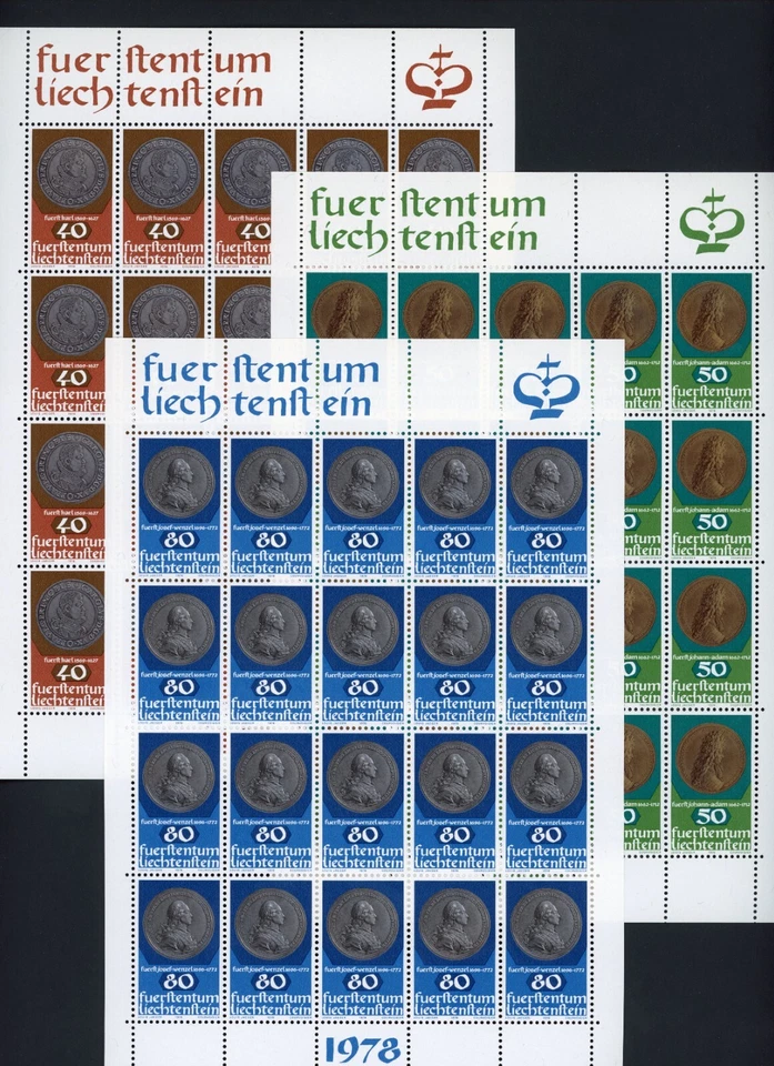 Liechtenstein 1978 Coins Scott# 654-656 Full Sheets Mint VF OG Never Hinged Gem - Image 1 of 1