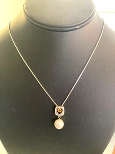 925 Sterling 19" Box Chain Necklace w/Faux Pearl Citrine (?) Clear Stone Pendant - Picture 1 of 11