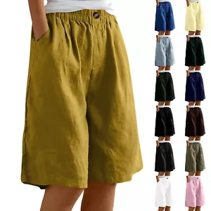 Women Solid Color Pants Pocket Button Up Capris Loose Elastic Waist Linen Shorts - Picture 1 of 54