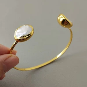 Yellow Gold Plated Cultured White Pearl  Bangle Bracelet Adjustable - Picture 1 of 6