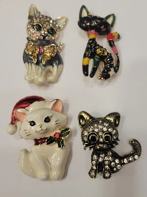 4件装猫水钻胸针套装圣诞春秋珠宝礼品CA美国E31 — 第 1/4 张图片