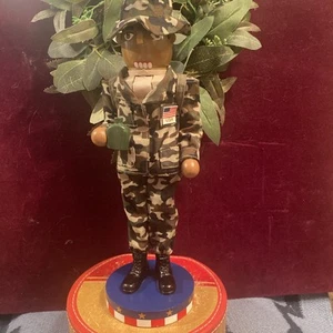 U.S. Army Camo Soldier Wooden Nutcracker 14” Tall W/ Canteen & backpack - Picture 1 of 16