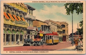 PANAMA CITY Postcard "Central Avenue" Trolley - LINEN / 1941 Canal Zone Cancel - Picture 1 of 2
