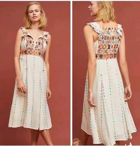 Anthropologie Maeve Lama Artisan bestickt Midi Bauernkleid Gr. 2 Boho - Bild 1 von 8