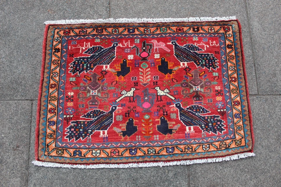Vintage Hand Made Traditional Oriental Wool Red Small Rug 55x84cm Animal Bird - Image 1 of 4