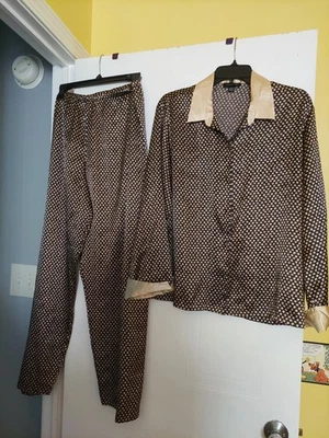 Vintage Jones New York Dark Floral Satin Pajamas Brown /Gold Large - Image 1 of 4