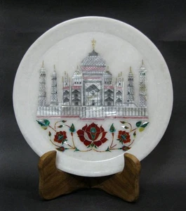 Taj Mahal Pattern Decorative Plate with Inlay Work 9 Inches Marble Serving Plate - Picture 1 of 6