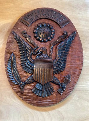 Exceptional Old Folk Art Hand Carved Wood United States Of America Eagle Plaque - Image 1 of 4