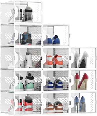 White 12 Pack Shoe Storage Box Plastic Stackable Shoe Boxes with Door - Image 1 of 3