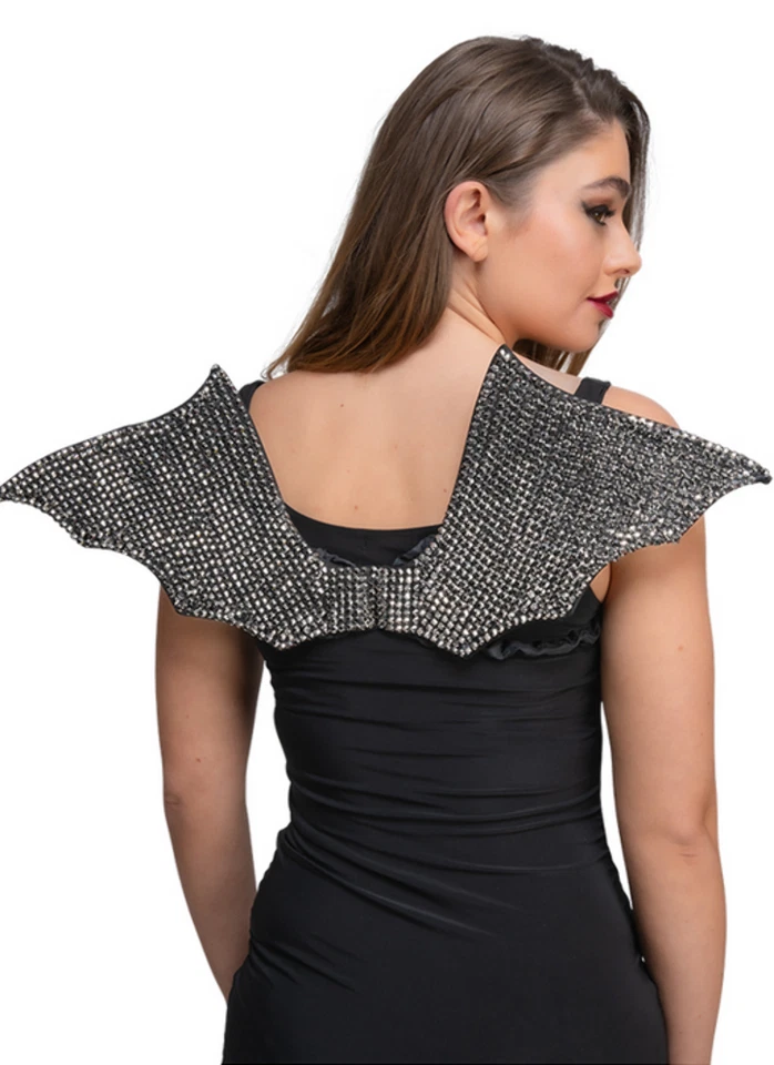 Strass Pipistrello Ali Argento Gemma Nero Ali Gotico Adulti Halloween Decorato D - Immagine 1 di 1