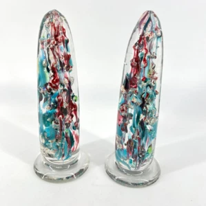 Antique Set 2 Victorian Art Glass Obelisk Pillar Devil’s Fire Tower Paperweight - Picture 1 of 8