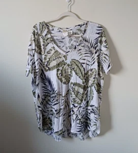 C&C California Womens Linen Flora Summer Top Size 1X White Green Short Sleeve - Picture 1 of 4