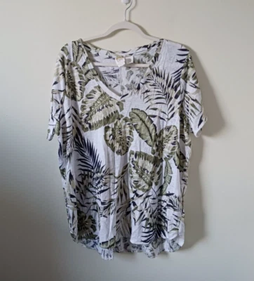 C&C California Womens Linen Flora Summer Top Size 1X White Green Short Sleeve - Image 1 of 4