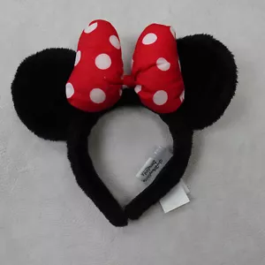 Minni Mouse Ears Black Furry Red Plush Bow Disneyland Resort - Picture 1 of 5