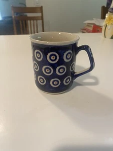 Boleslawiec Polish Pottery Mug Cup Hand Painted Cobalt Blue Dots Peacock - Picture 1 of 10