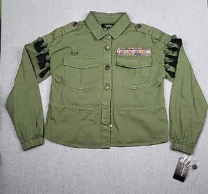 Coffee Shop Womens Utility Jacket Green Beaded Embroidered Boho Tassels SMALL - Picture 1 of 7