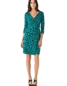 DIANE VON FURSTENBURG DVF Julian Little Leaves Teal Wrap Dress Size 0 - Picture 1 of 9