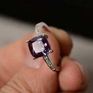 Solid 925 Sterling Silver Alexandrite Ring Cushion Cut Gemstone June Birthstone. - Picture 1 of 3
