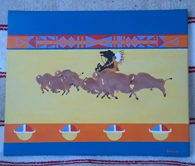 Pintura Running the Iniwa (bisonte) del artista Blackfeet Ron Schlenske 20x16 Foto 1 de 4