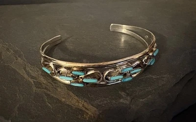 Vintage 925 Zuni Needlepoint Turquoise Cuff Bracelet #198 - Image 1 of 3