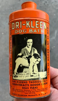 Vintage Dri-Kleen Advertising Tin Dog Bath Grooming Powder Hartz Mountain NY - Image 1 of 2