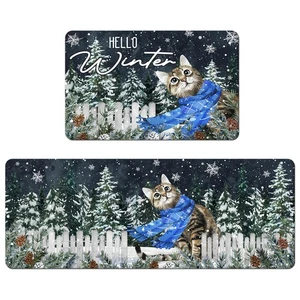 Hello Winter Cat Kitchen Mat, Christmas Forest Snowflake Rugs and Mats Set of... - Picture 1 of 9