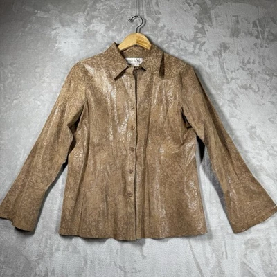 Margaret Godfrey Tan Suede Leather Shirt Lightweight Jacket XL Floral Embossed - Image 1 of 4