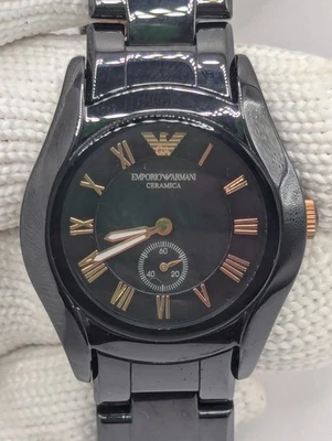Emporio Armani Ceramica AR-1412 Black Ceramic Rose Gold Roman Watch Mint - Image 1 of 4
