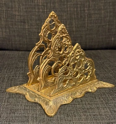 Vintage Brass Double Mail Holder Ornate Filigree Letter Desk Organizer Rococo - Image 1 of 4